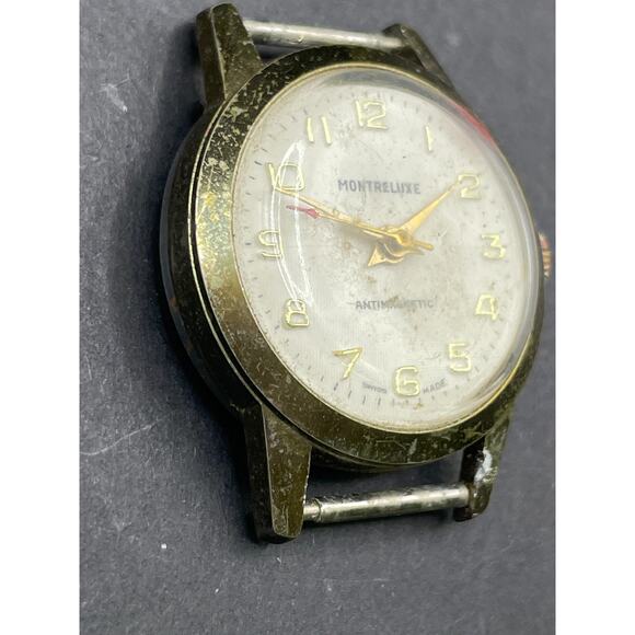 Vintage Montreluxe Antimagnetic Swiss Made Watch Diamond Tooled 30MM Gold Tone main image 4
